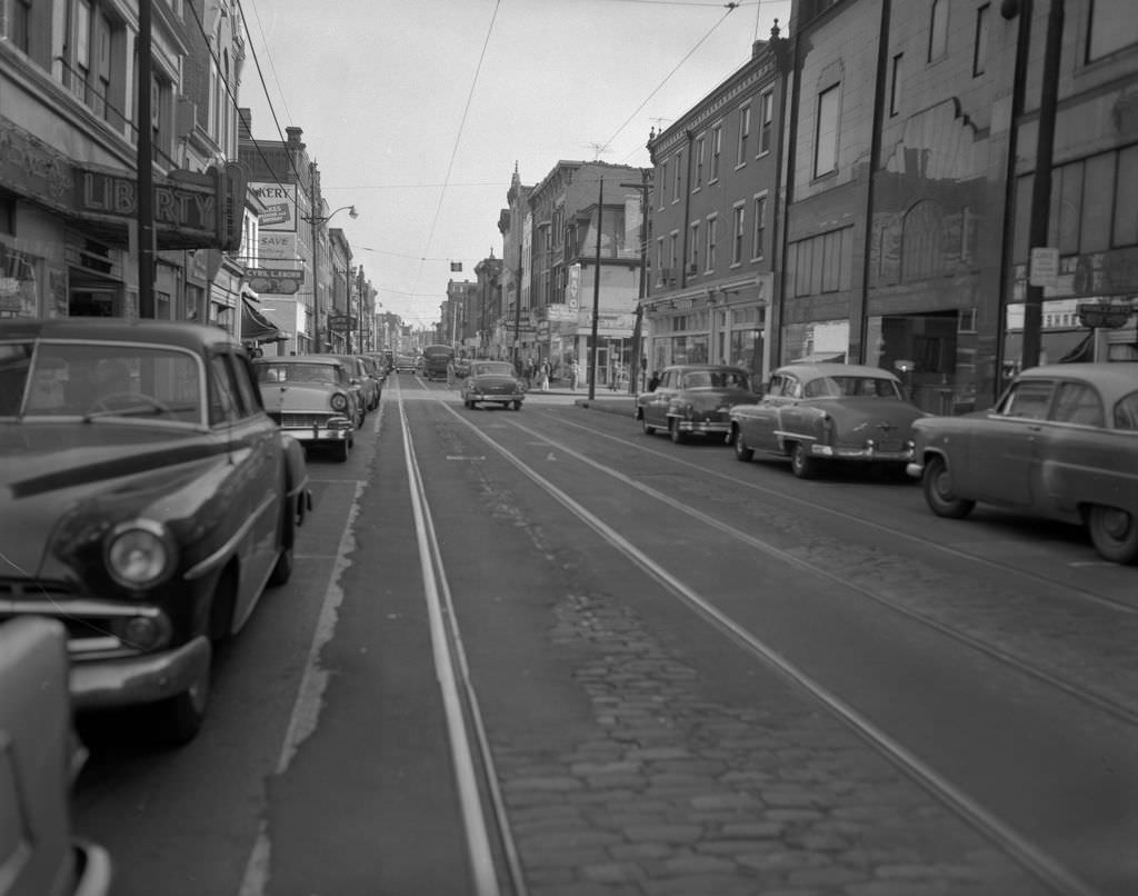 East Carson Street featuring Goldenson's Department Store and Liberty Theatre, 1956