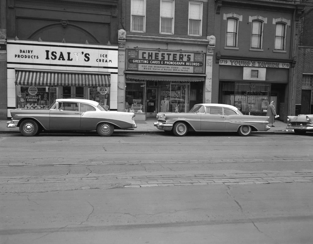 Carson Street businesses including Isaly's, Chester's Greeting Cards, and Young's Tavern, 1957