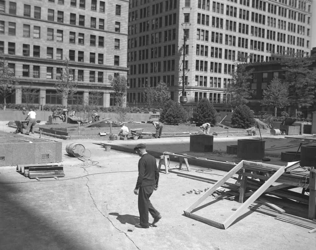 Mellon Square Park construction featuring Gimbels Department Store, 1955