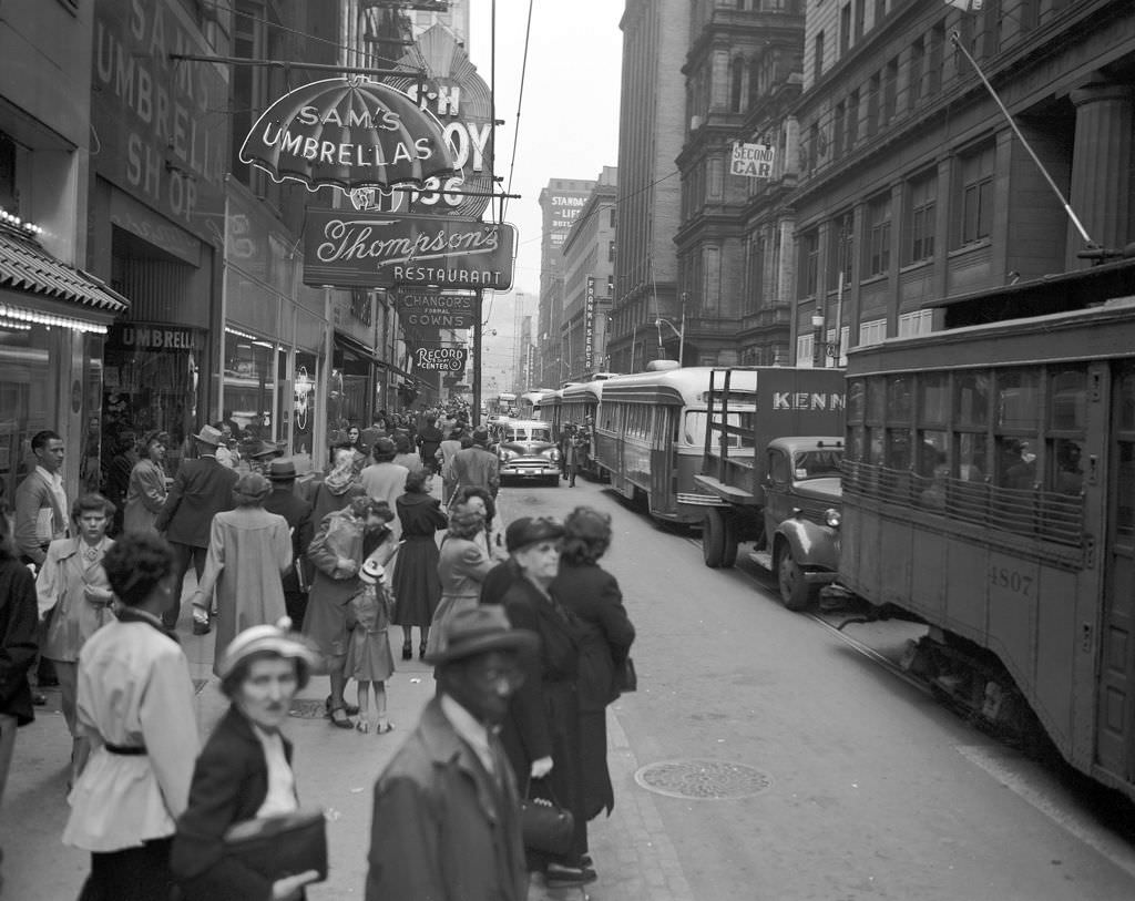 Smithfield Street Scene Showing Various Businesses, 1951