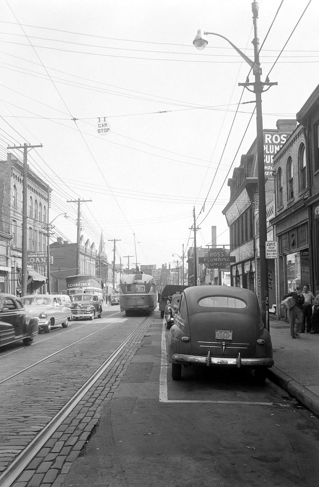 Frankstown Avenue Streetcar Stop and Businesses, 1951