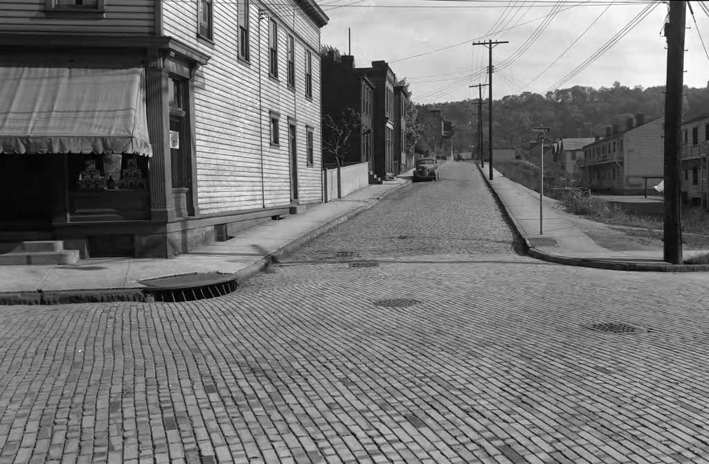 Market and homes at Woods Run Avenue and Mitchell Street corner, 1950.