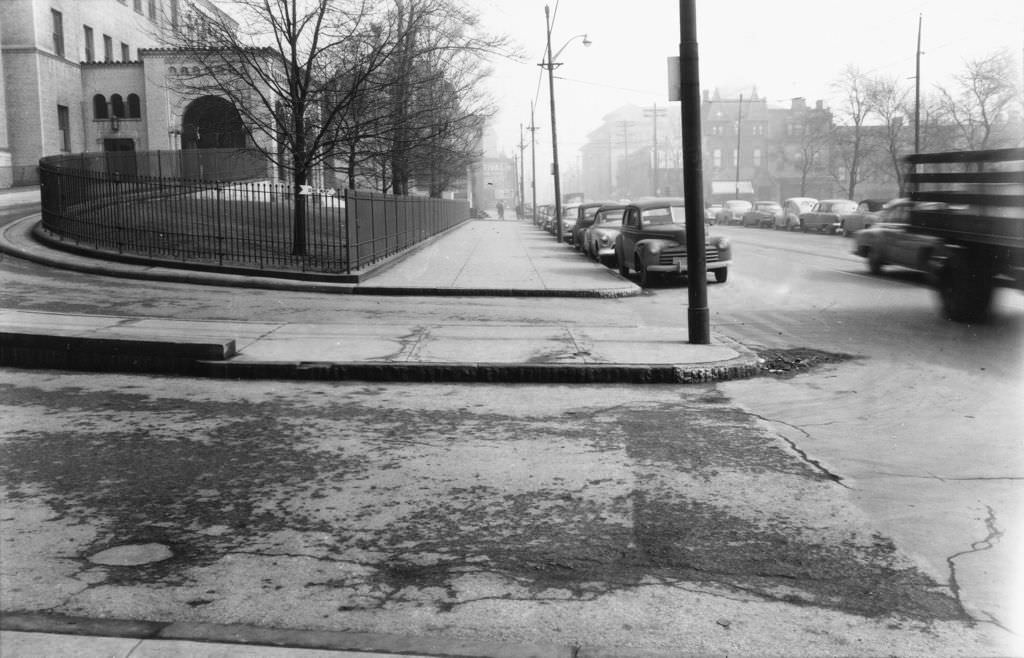 Sidewalk and emergency entrance of Allegheny General Hospital on North Avenue, 1951.