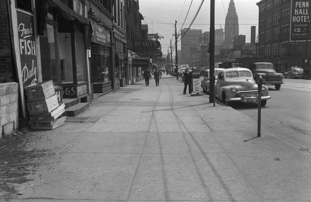 Penn Hall Hotel and nearby shops on 5630 Block of Penn Avenue, 1951.