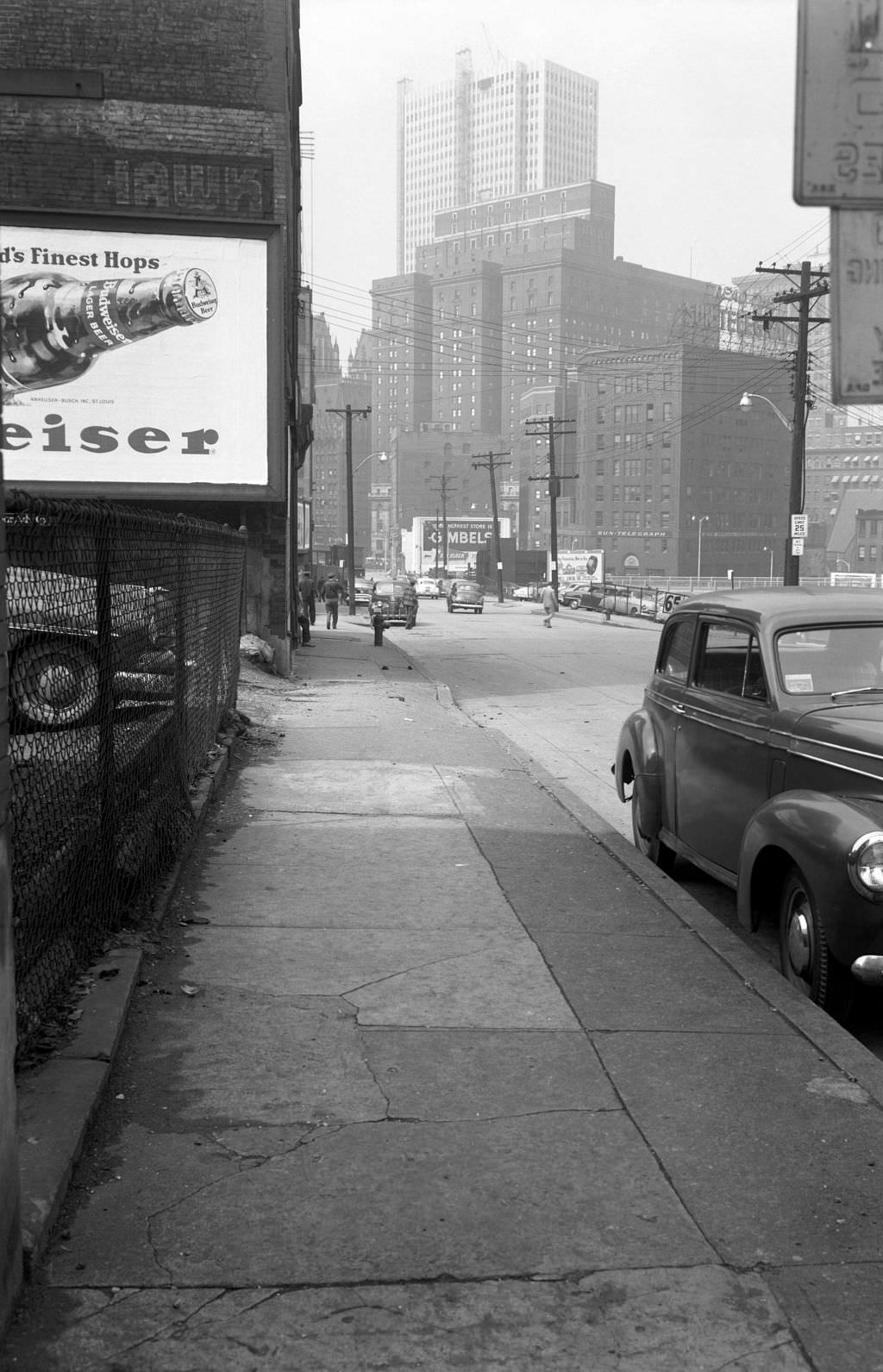 Hill District redevelopment on Webster Avenue showing Downtown, 1951.