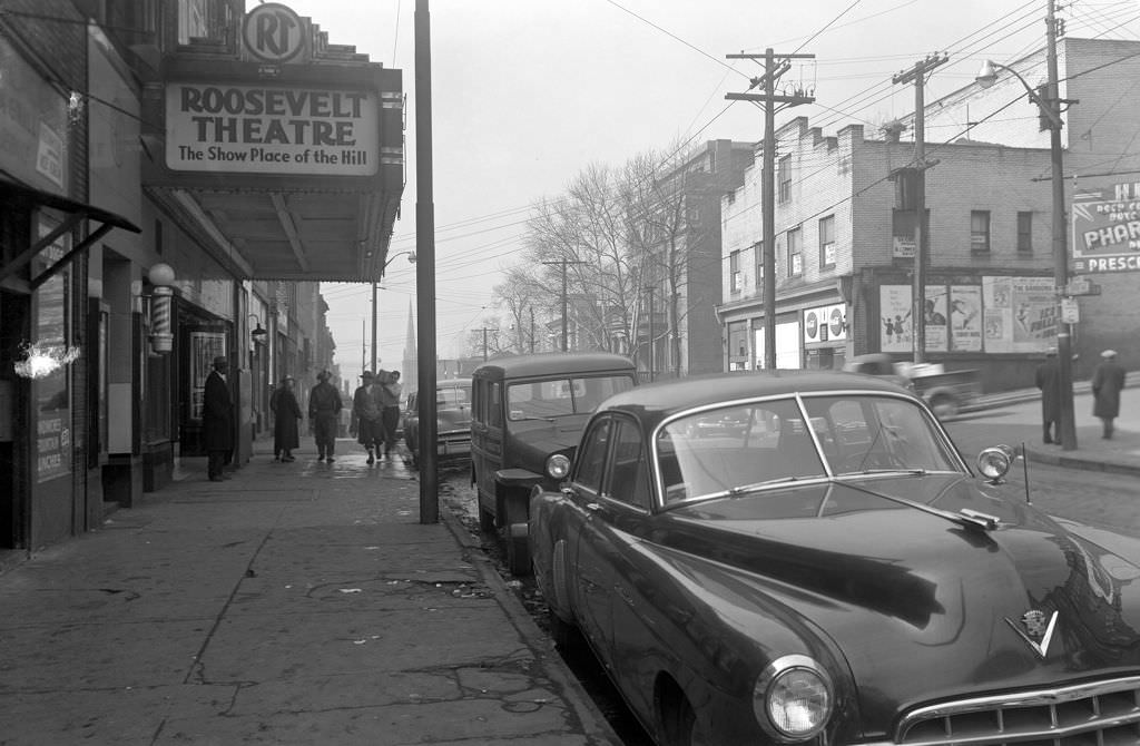 Hill District redevelopment featuring Roosevelt Theatre on Centre Avenue, 1953.