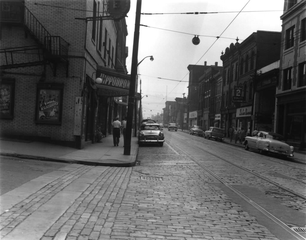 Hippodrome and nearby businesses on Beaver Avenue, 1954