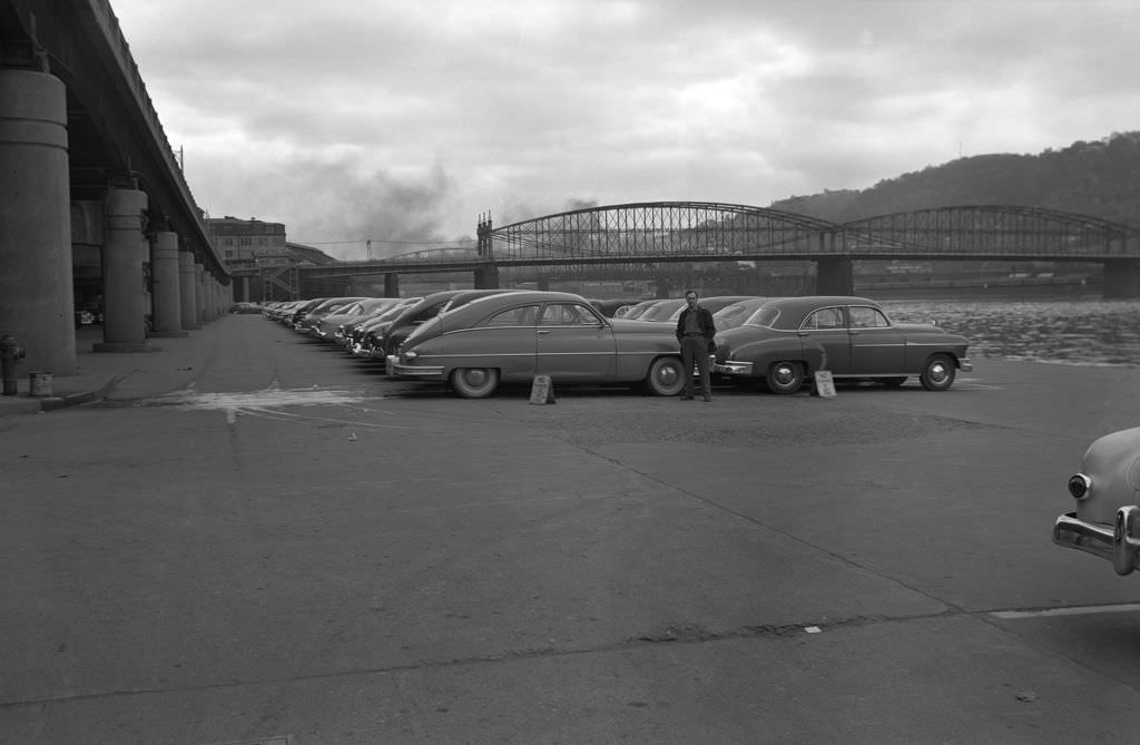 Monongahela Wharf Parking with Smithfield Street Bridge in view, 1952