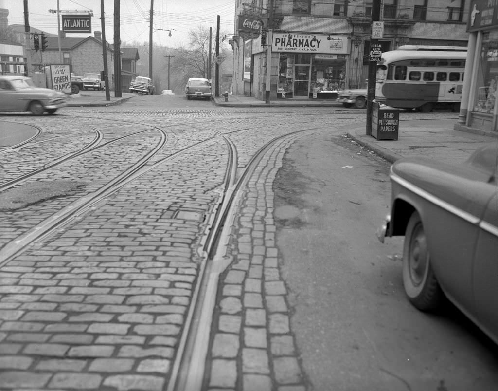 South Craig Street and Forbes Avenue traffic and Forbes-Craig Pharmacy, 1956