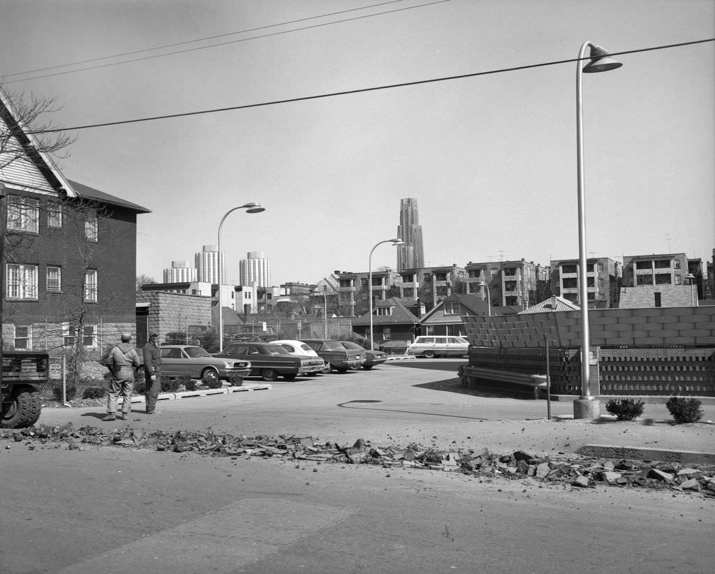 Halket Street in Oakland: University of Pittsburgh's Cathedral of Learning and Litchfield Towers, 1966.