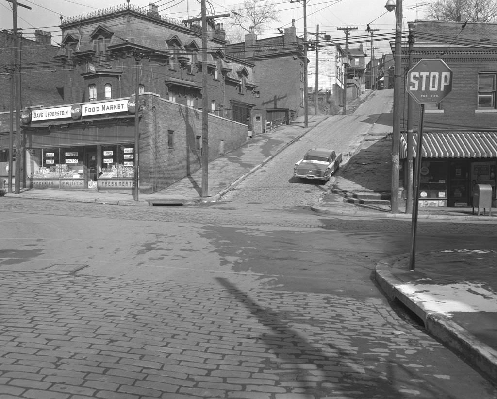 Same view as above, Centre Avenue with Dave Lederstein's Food Market and housing conditions, 1961.