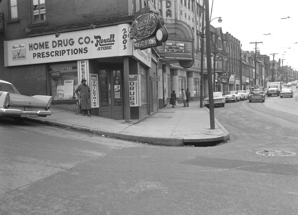Centre Avenue at Dinwiddie Street, foreground features a Rexall Drug Store, 1961.