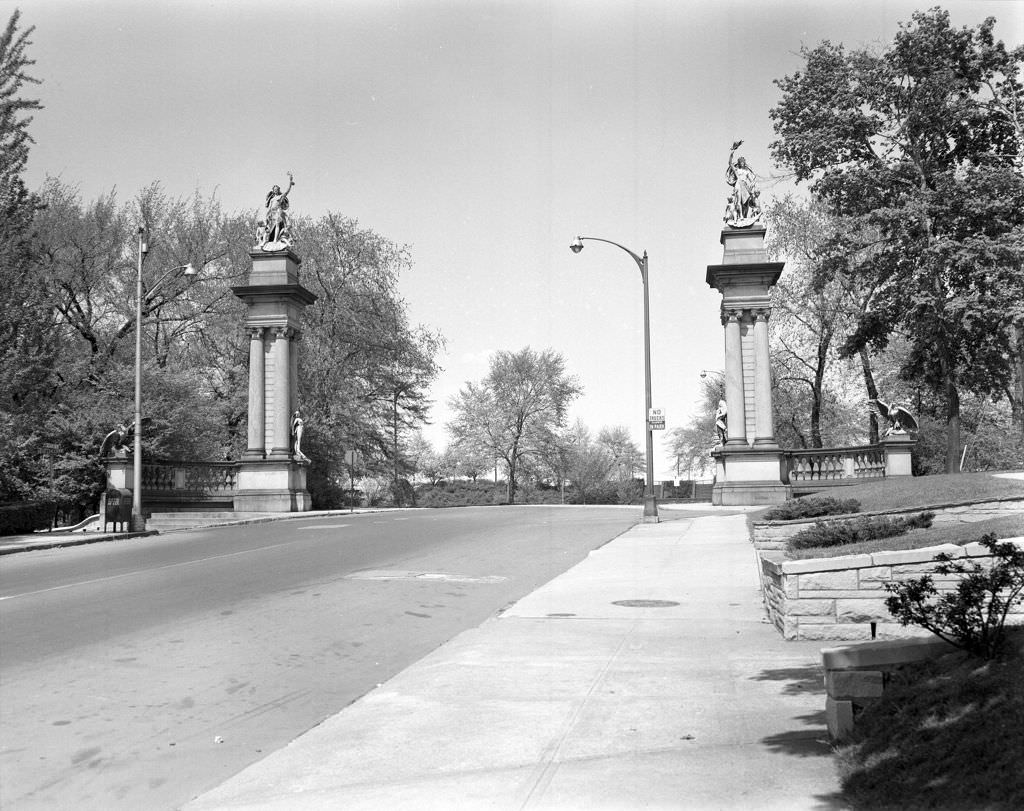 Highland Park main entrance, gates described as copies of the "Gates of Munich", 1960.
