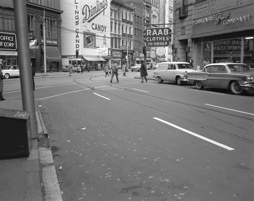 Wood Street area, featuring Dimling's Candy and Equitable Gas Company, 1960.