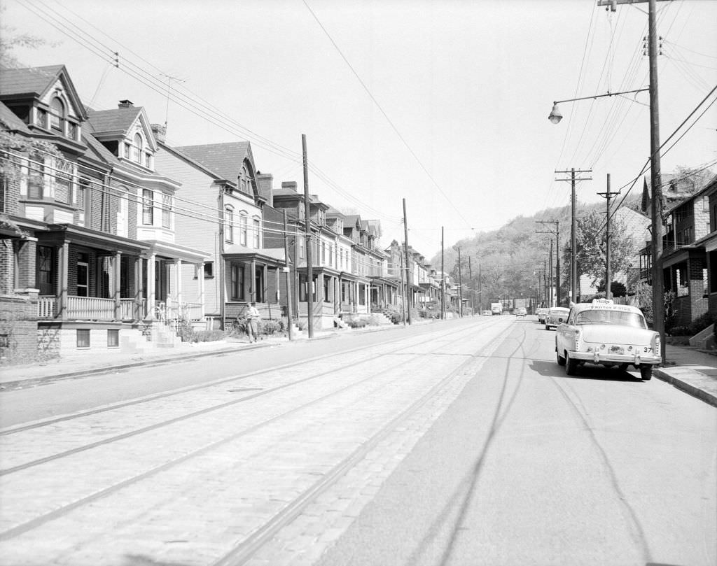 East Street looking north from No. 3243, streetcar tracks visible, 1960.