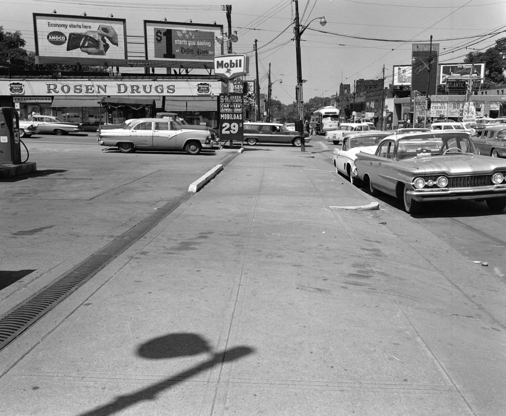 Forbes Avenue in Squirrel Hill, features Rosen Drugs and a Mobil station, 1960.
