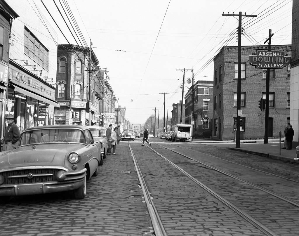 Butler at 44th Street, features G.C. Murphy Company and Arsenal Bowling Lanes, 1960.