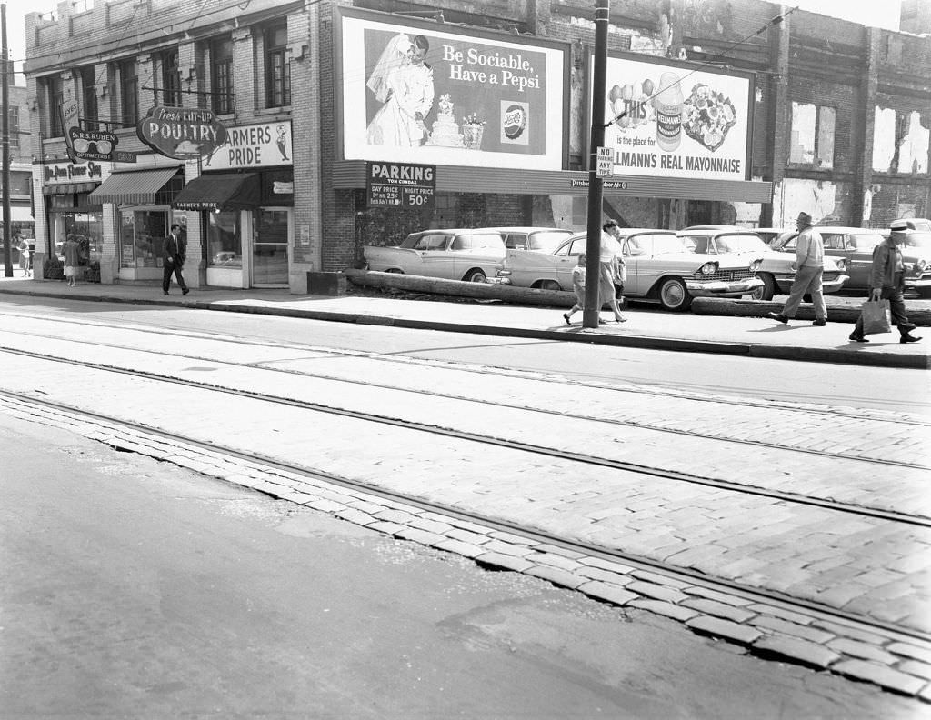 Highland Avenue, features Farmers Pride, William Penn Flower Shop, and Dr. R.S. Ruben Optometrist, 1960.