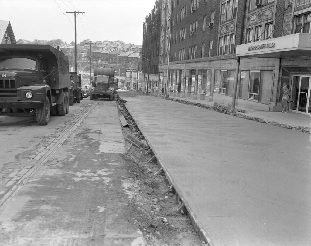Murray Avenue, features Morrowfield Hotel and road construction, 1960.