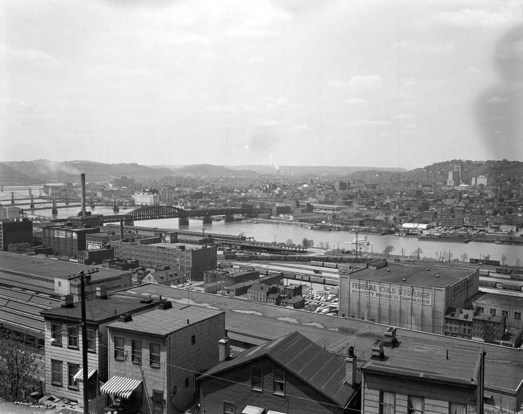 Strip District view from Upper Hill, North Side in background, 1962.