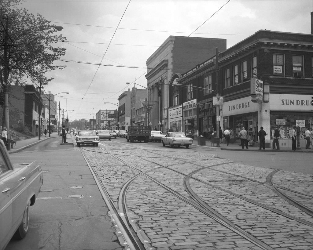 Forbes and Murray Avenue: businesses like Squirrel Hill Newsstand, Isaly's Dairy, and Pittsburgh National Bank, 1966.