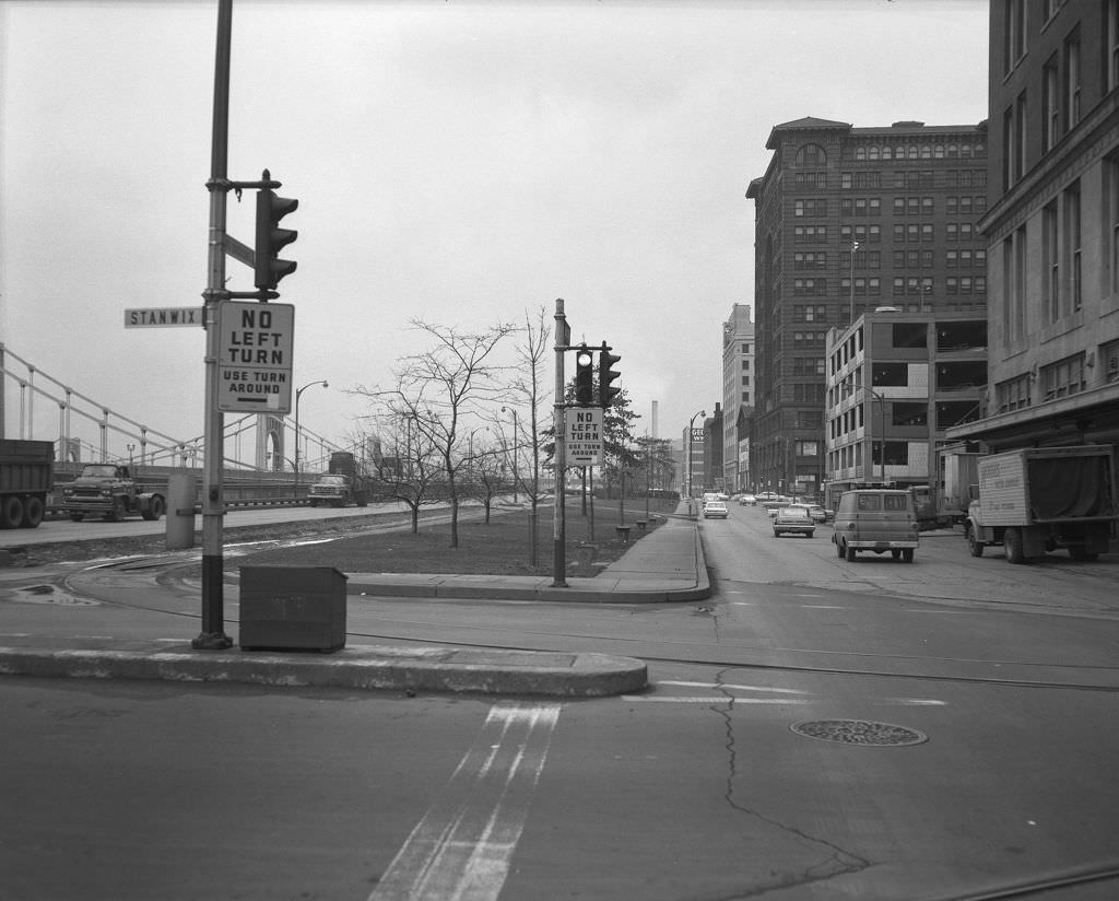 Downtown Pittsburgh: Fort Duquesne Boulevard at Stanwix Street, looking east, 1966.