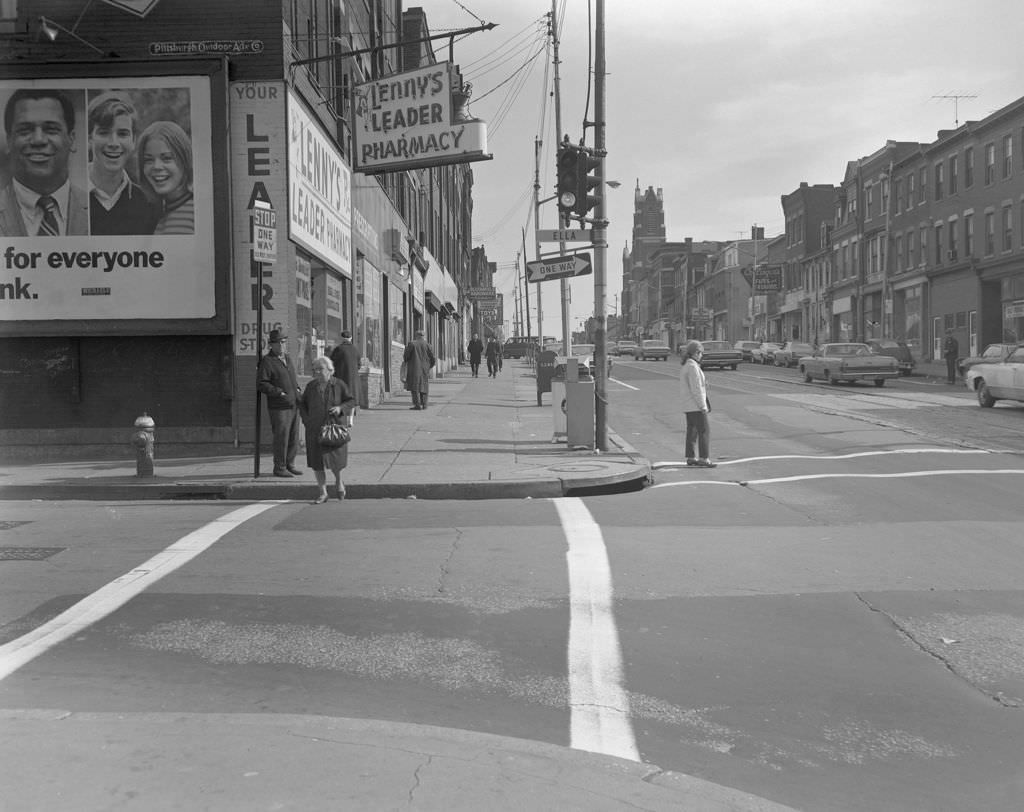 Liberty Avenue: Bloomfield businesses like Lenny's Leader Pharmacy and St. Joseph's Church, 1969.