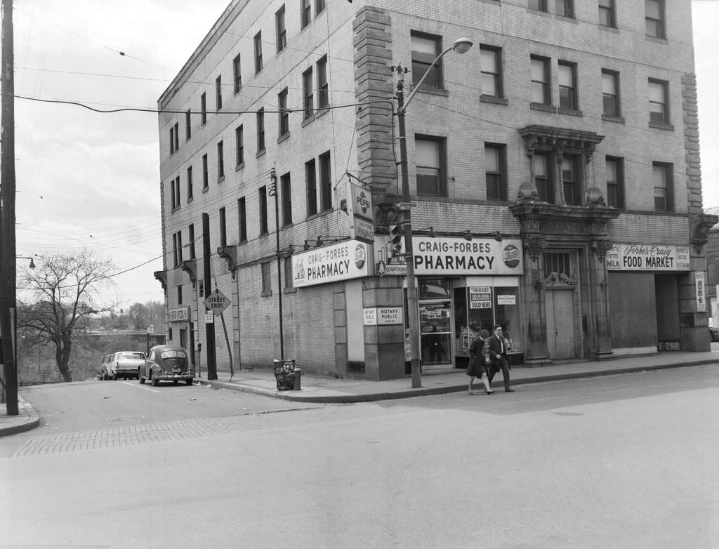Craig Street: Craig-Forbes Pharmacy in the foreground, 1970.