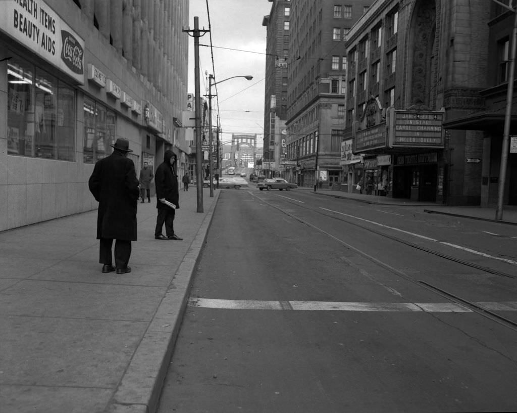 Sixth Street: Sixth Street Bridge and Penn Theatre Auditorium, 1967.