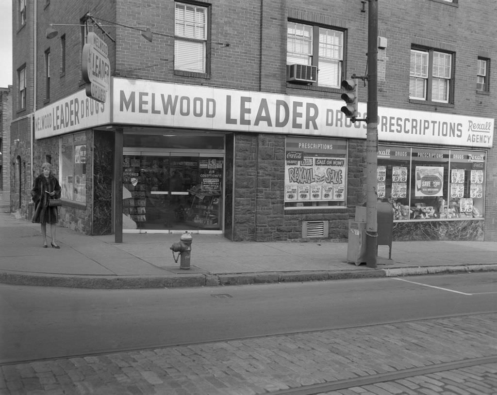 Melwood Leader Drugstore on Centre Avenue corner, 1969.