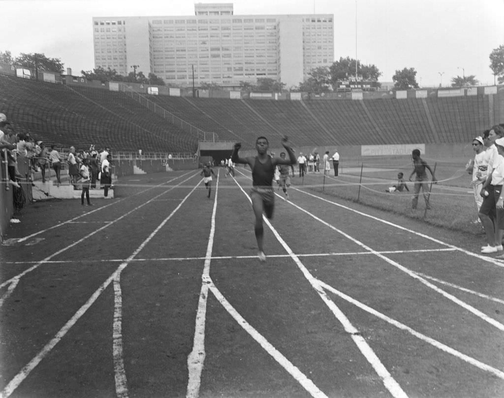 Track and Field Day at Pitt Stadium: Oakland VA Hospital visible, 1969.