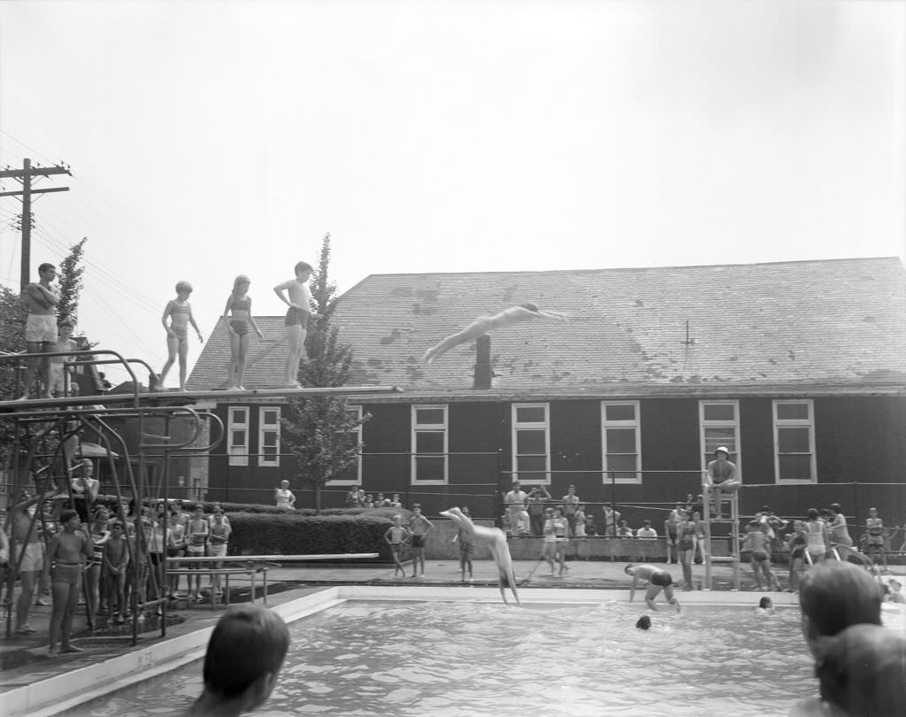 Children at Bloomfield Pool: lifeguard on watch, 1969.
