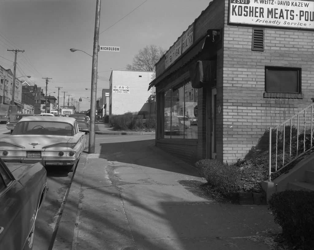 M. Weitz's and David Kazew's kosher meat store at 2301 Murray Avenue, Squirrel Hill, 1966.