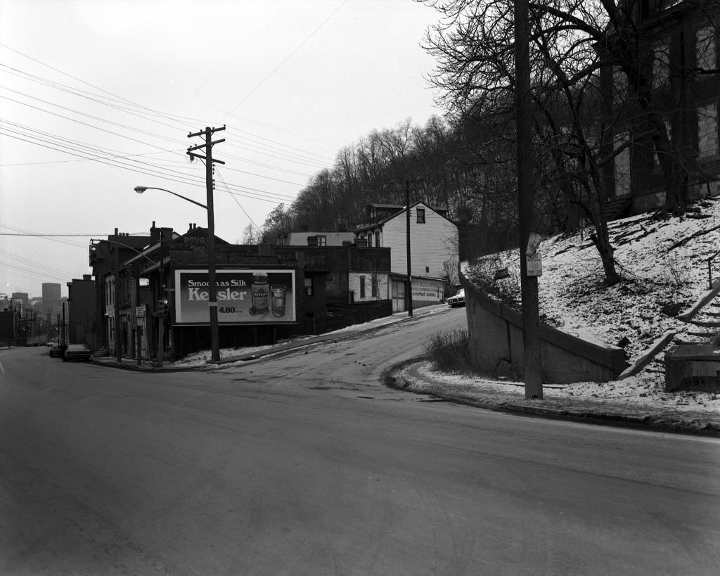 East St near Royal St, Kessler Whiskey Billboard in View, 1971