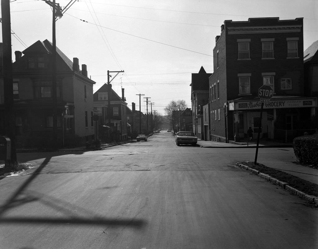 Sterrett Street meets Monticello Street, view looking southwest, 1970.