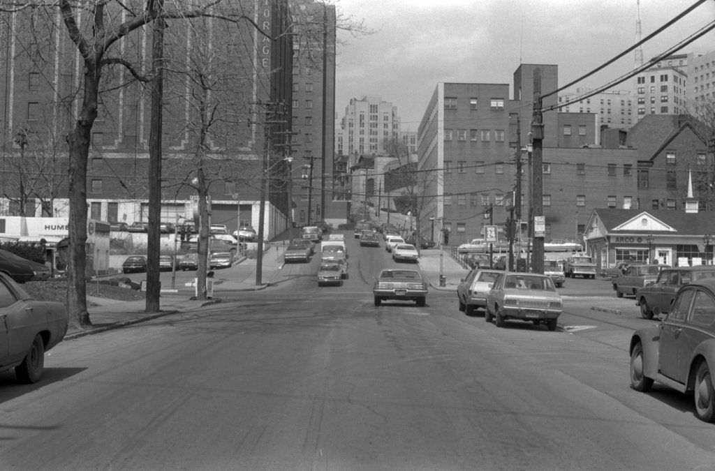Intersection of McKee Place and Iroquois Way, looking towards Forbes Avenue, 1972.