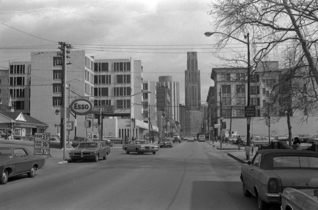 Forbes Avenue meets McKee Place, includes view of University of Pittsburgh's landmarks, 1972.