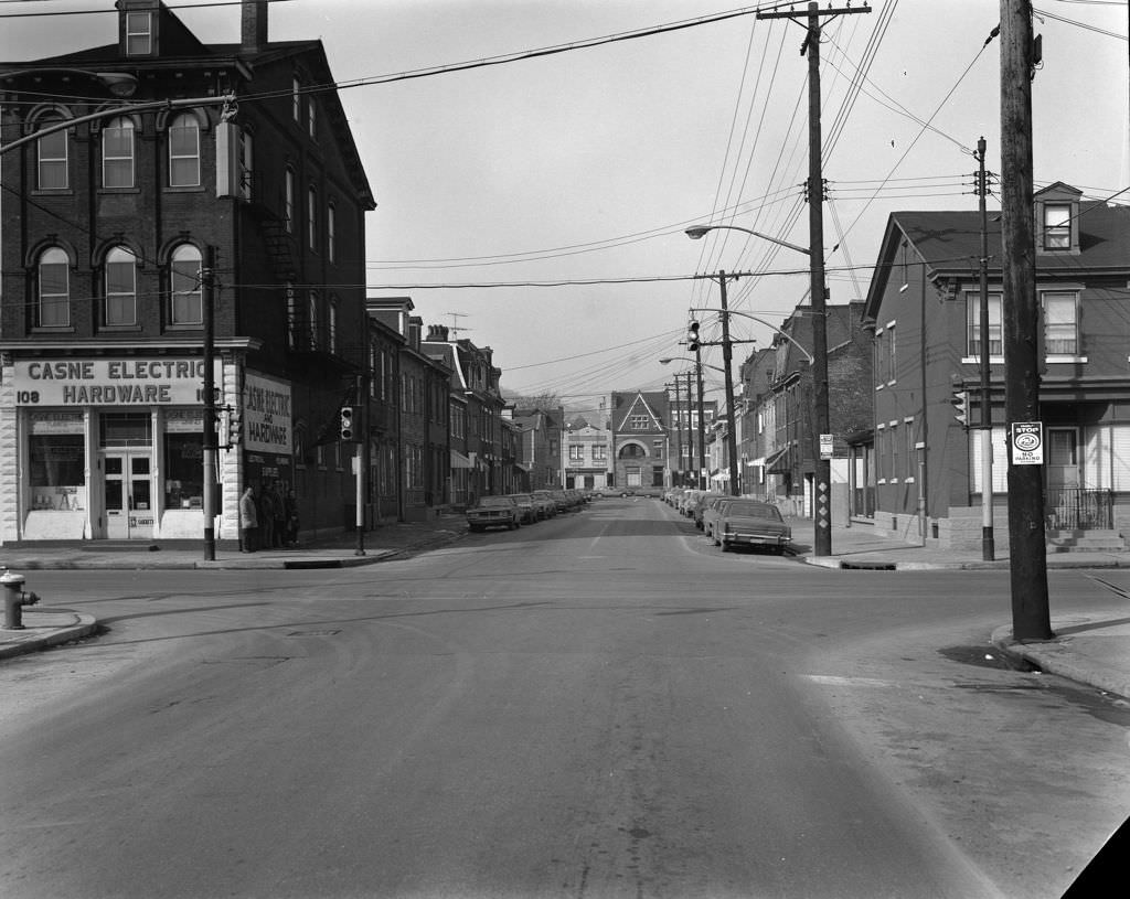 Sarah Street meets South 18th Street, includes Casne Electric hardware store, 1971.