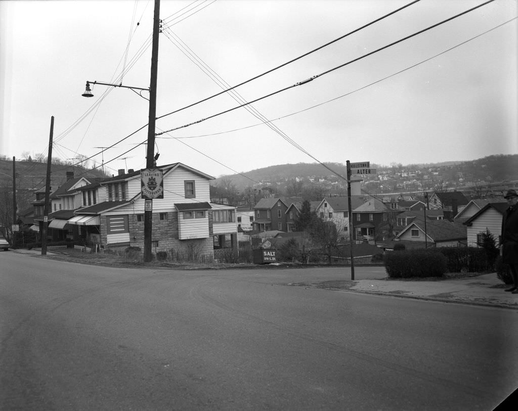 Noblestown Road meets Alter Street, sign marking Pittsburgh city limits, 1971.