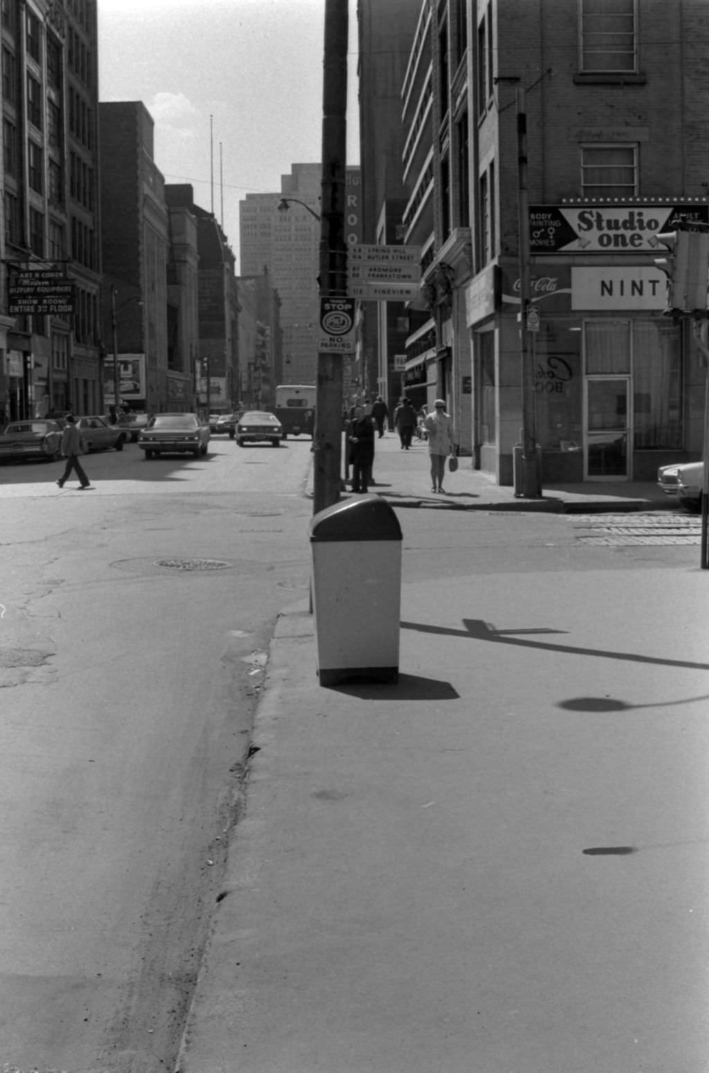 Penn Avenue meets 9th Street, view of pedestrians and businesses, 1972.