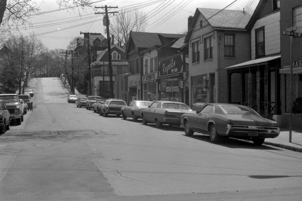 Businesses on Reynolds Street, viewed towards Hastings Street, 1972.