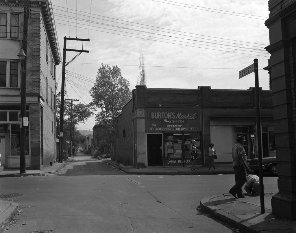 Southeast View of Burton's Market at Forest Way and North Homewood Avenue, 1970