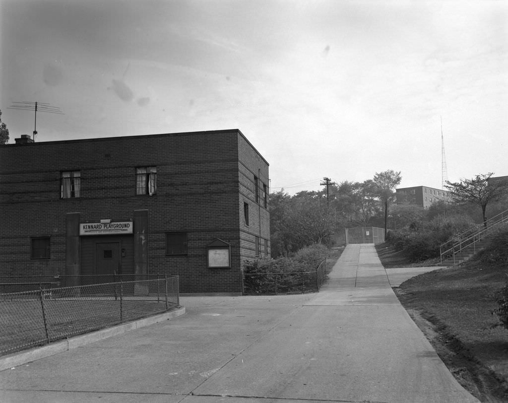 Building at Kennard Playground, Glimpse of Courts and Field, 1970