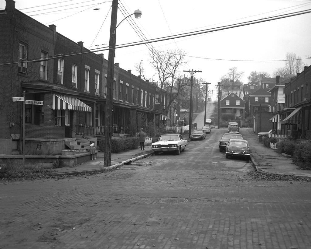 View southwest to Delevan Street from Lilac Street intersection, 1970