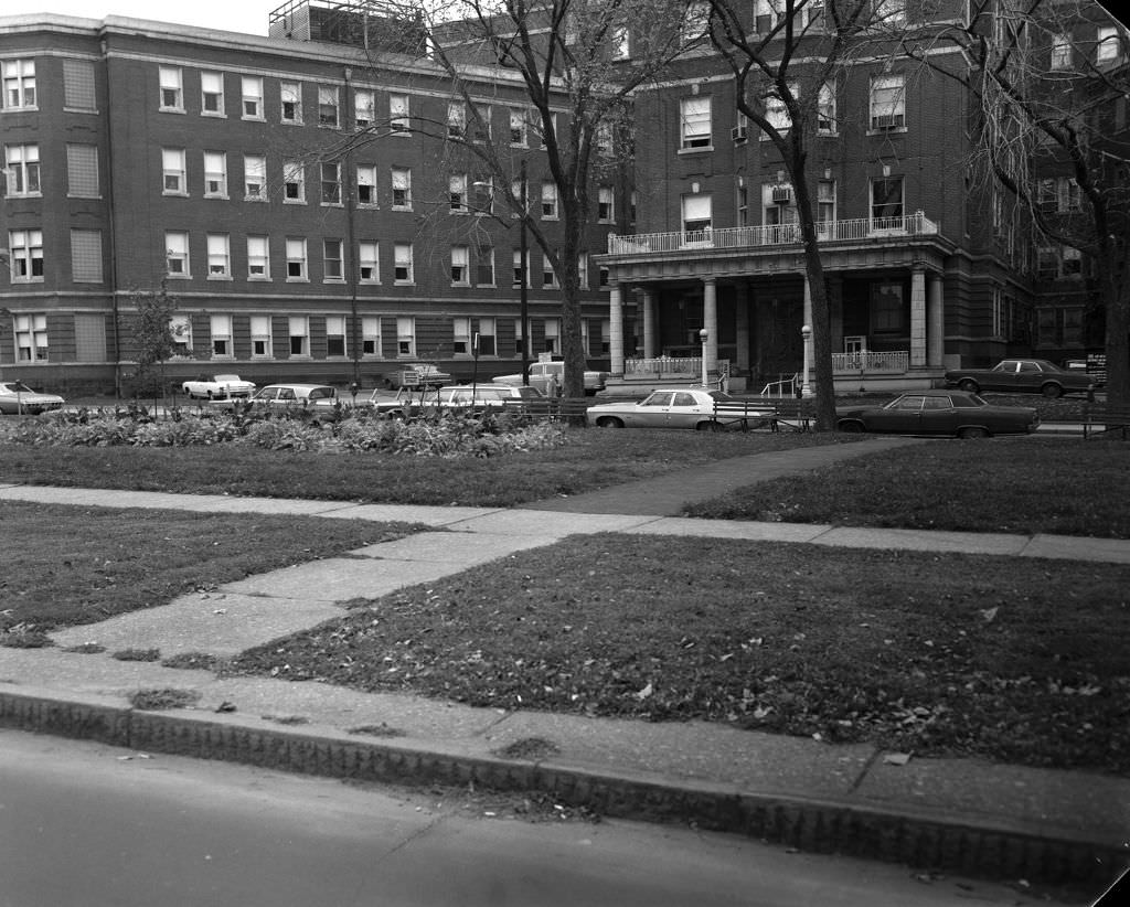 View of West Penn Hospital across Friendship Avenue parklet, 1970