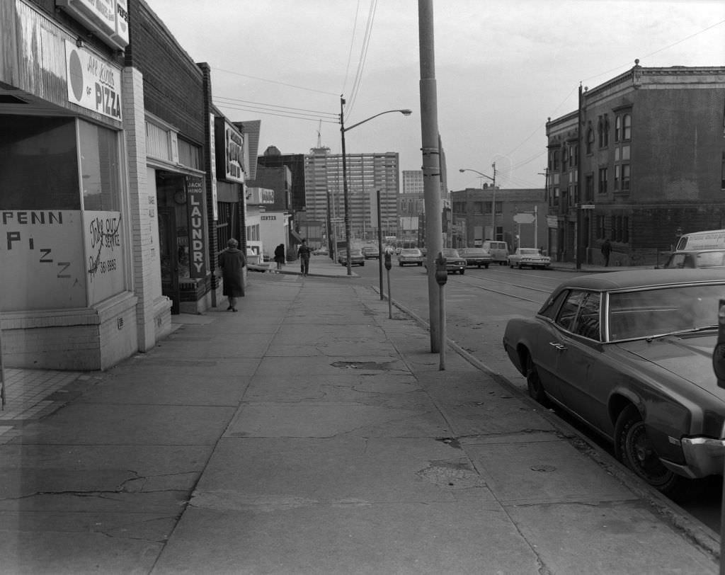 Penn Avenue with "Penn Pizza" and "Jack King Laundry," 1970