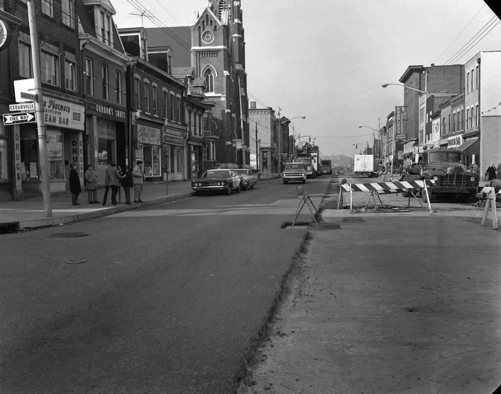 Liberty Avenue features Saint Joseph Church, now part of Saint Maria Goretti Parish, 1970.