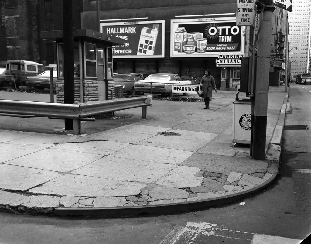 Billboard ads above parking lot, now Agnes R. Katz Plaza, 1970.