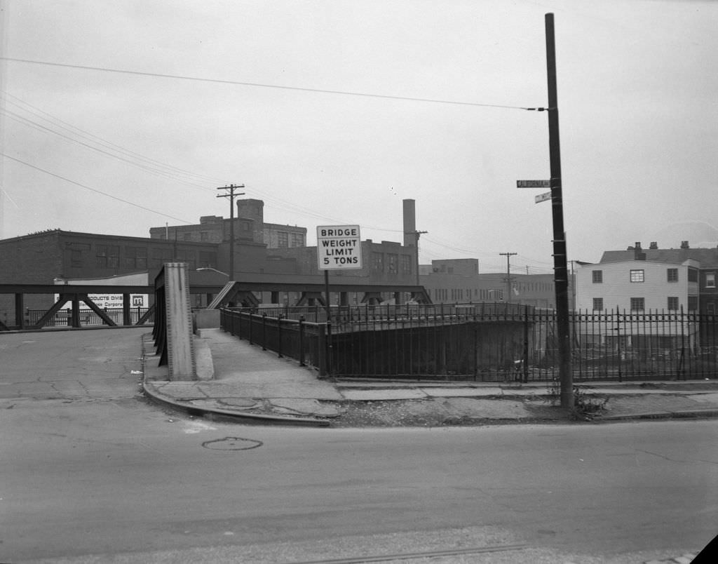 Columbus Avenue Bridge entrance from California Avenue, 1970.