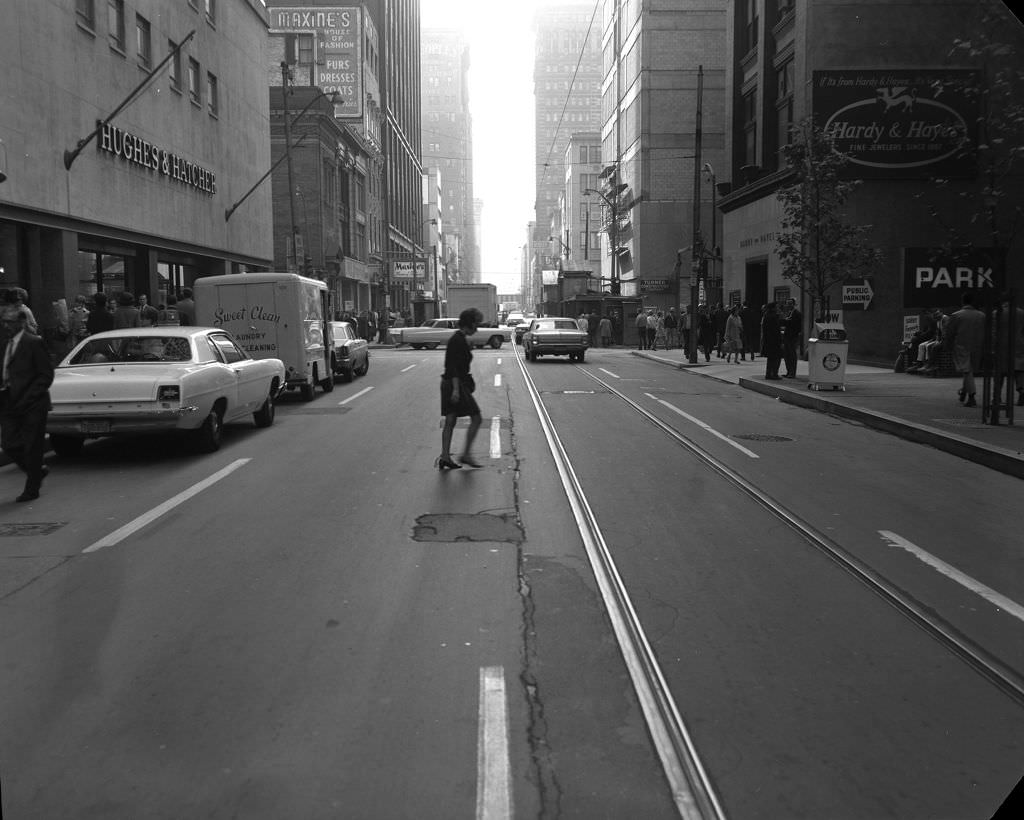 Wood Street featuring pedestrians and commerce, 1970.